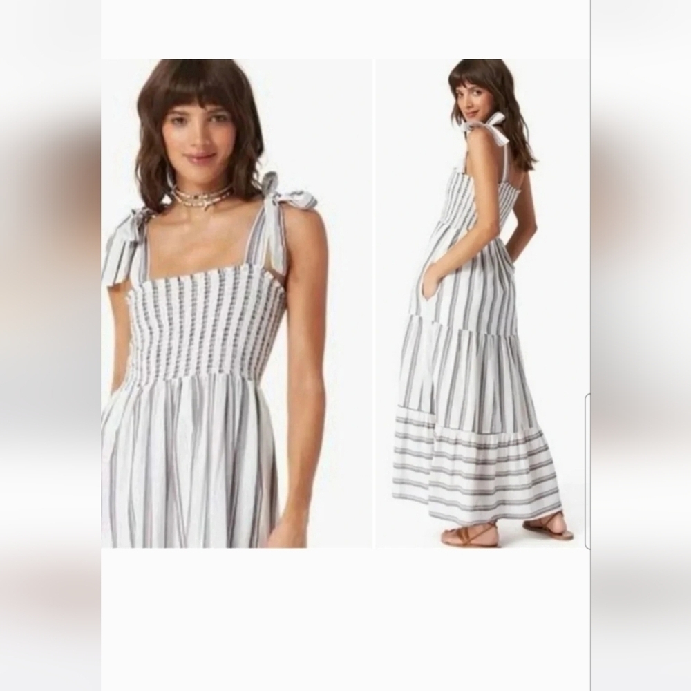 Xirena Womens White Lorraine Tiered Stripe Quiet Luxury Tie Strap Midi Dress XS